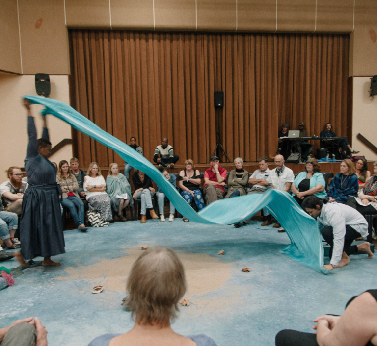 An award-winning performer and theatre-maker Mpume Mthombeni (left) and Rory Both (right) during a public show in Port Shepstone town hall in South Africa.